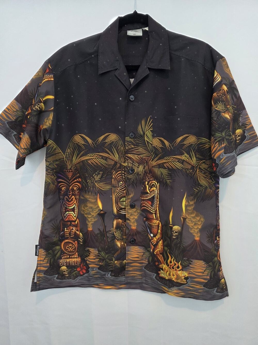 New Rare Men Rick RIETVELD MEDIUM Tiki Palms BLACK Button Down Camp Shirt